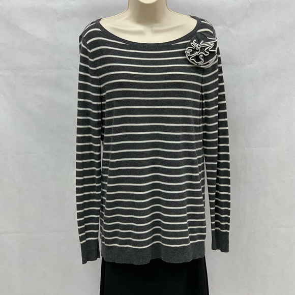 LOFT Sweaters - Loft gray white striped Merino wool sweater